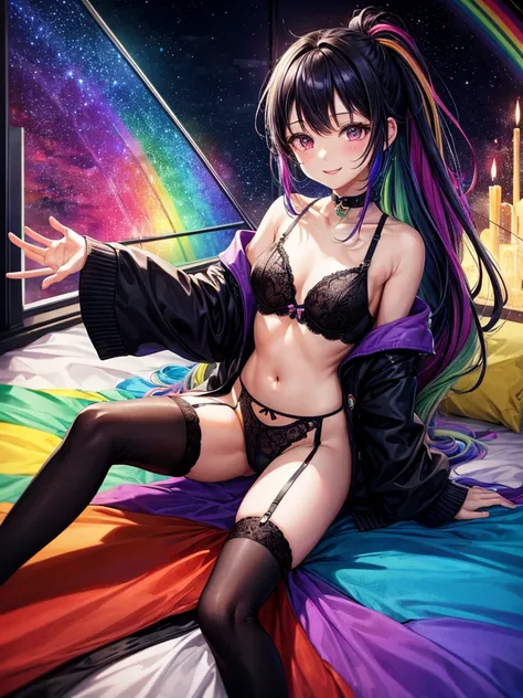 Highest quality,Highest Resolution,４K quality,Rainbow city night view outside large window in modern bedroom((Rainbow colors))の下着着用のsmileの女性の横顔,Jet black ponytail,Dark room,((Rainbow colors))Sexy lingerie,Many water drops on the window,garter belt,High leg...