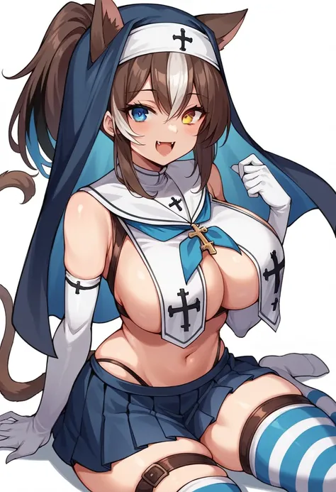 one woman, solo, long hair, breasts, looking at viewer, smiling, open mouth, blue eyes, skirt, simple background, brown hair, knee-highs, gloves, white background, ribbon, navel, animal ears, exposed shoulders, underwear, tail, hair ribbon, ponytail, white...