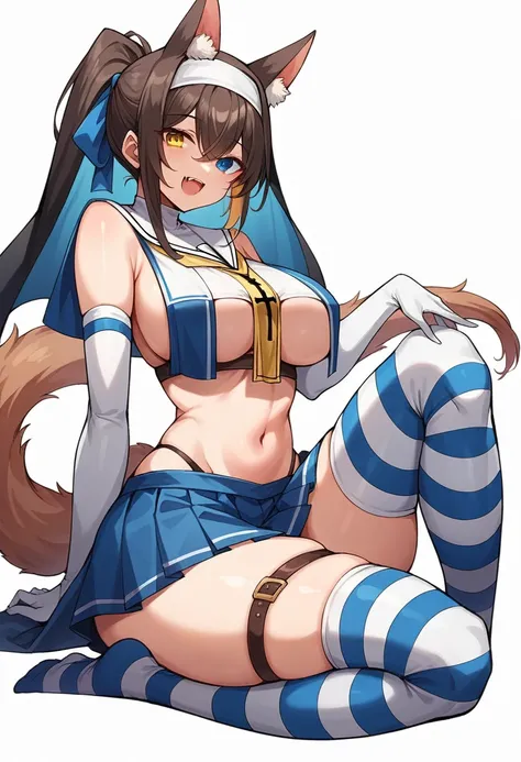 one woman, solo, long hair, breasts, looking at viewer, smiling, open mouth, blue eyes, skirt, simple background, brown hair, knee-highs, gloves, white background, ribbon, navel, animal ears, exposed shoulders, underwear, tail, hair ribbon, ponytail, white...