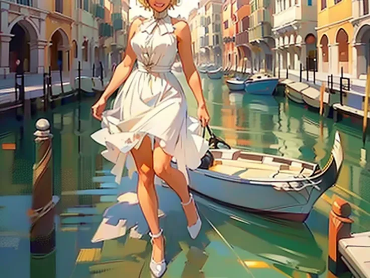 venice, italy. athletic blonde woman, (short hair), tomboy, cute, ((smile)), white sundress, wedge heels, light makeup. masterpi...