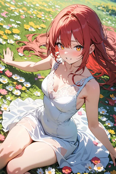 (masterpiece, best quality:1.5), (ultra detailed, high resolution, 8k, beautiful detailed, UHD, best anatomy), red hair, flat breasts, 1 cute girl, knee-length dress, Flower fields spread over meadows, got his hands outstretched, Petals are dancing in the ...