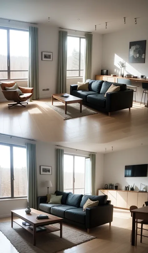 A minimalist interior design of a modern living room with Scandinavian furniture and large windows overlooking a forest.