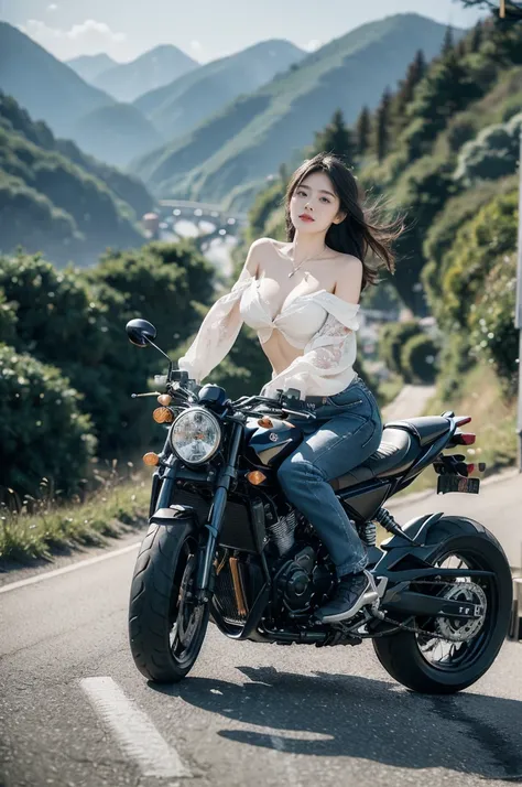 (Motion effect:1.5)、（Motion blur:1.4）parchment、absurderes、Hyper-Resolution、ultra - detailed、（bokeh dof:1.8）、Accurate depiction、Beautiful depiction、down view、beuaty girl、big breasts thin waist、The roar of a motorcycle engine、
Challenging the moment of windi...