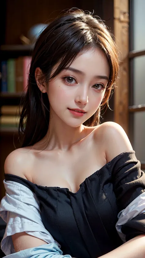 (Highest quality,masterpiece,Ultra-high resolution,(Realistic:1.4),RAW Photos,One girl,Off the shoulder,Look at me and smile、 dark,Deep Shadow,Modest,Cold Light)