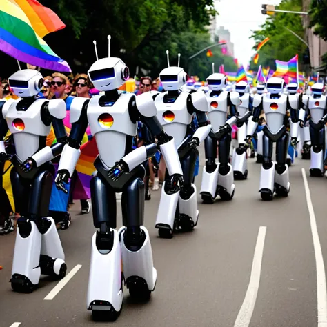 many robots marching in a gay pride march one holds a rainbow flag