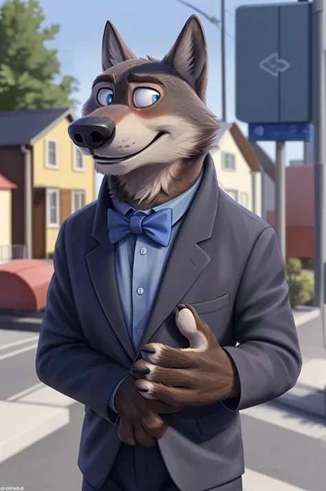 larry (zootopia), wolf, gray fur, (brown body:1.3), beautiful blue eyes, zootopia, dressed,blazer,shirt bow tie,trousers, sandal...