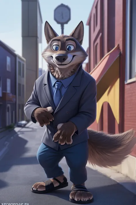 larry (zootopia), wolf, gray fur, (brown body:1.3), beautiful blue eyes, zootopia, dressed,blazer,shirt bow tie,trousers, sandal...