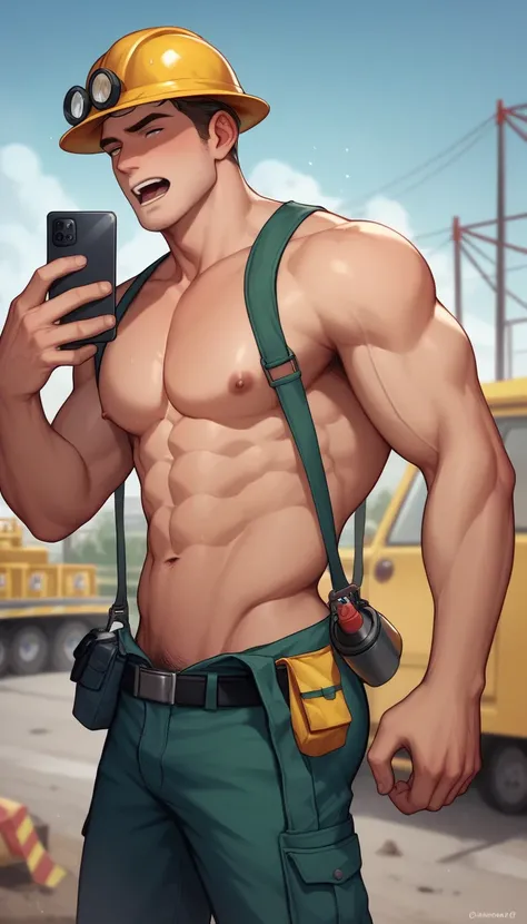 best quality, masterpiece, yaoi, 2 men, handsome man, muscular bodybuilder, mature facial features, shouting out, exaggerated tiny waist, construction safety gear, hardhat, toolbelt, round bubble butt, masurbating, explosive cum onto a hardhat, while takin...