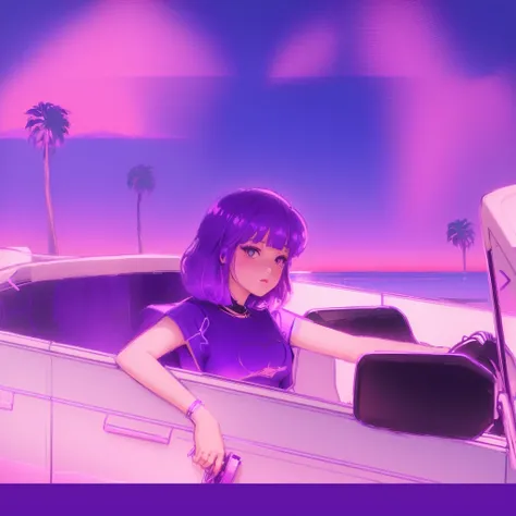 anime girl wearing purple long dress behind palm trees in background, lofi girl, art deco outrun anime aesthestic, lofi artstyle, lofi girl aesthetic, lofi aesthetic, 8 0 s anime vibe, lofi art, anime vibes, anime aesthetic, lofi vibes, lofi feel, in the a...