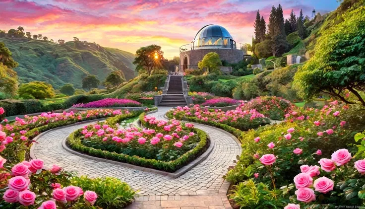 A picturesque scene of a rose garden with vibrant pink roses and pathways leading to an observatory surrounded by waterfalls. The sunset sky enhances the natural beauty of the setting.