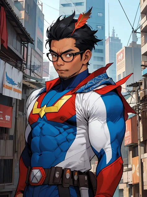 A round-faced Indonesian man with glasses and a kopyah, wearing a superhero suit, stands atop a building taking a selfie. This photos creativity captivates by showcasing confidence and bravery, blending traditional elements with a modern superhero image, c...