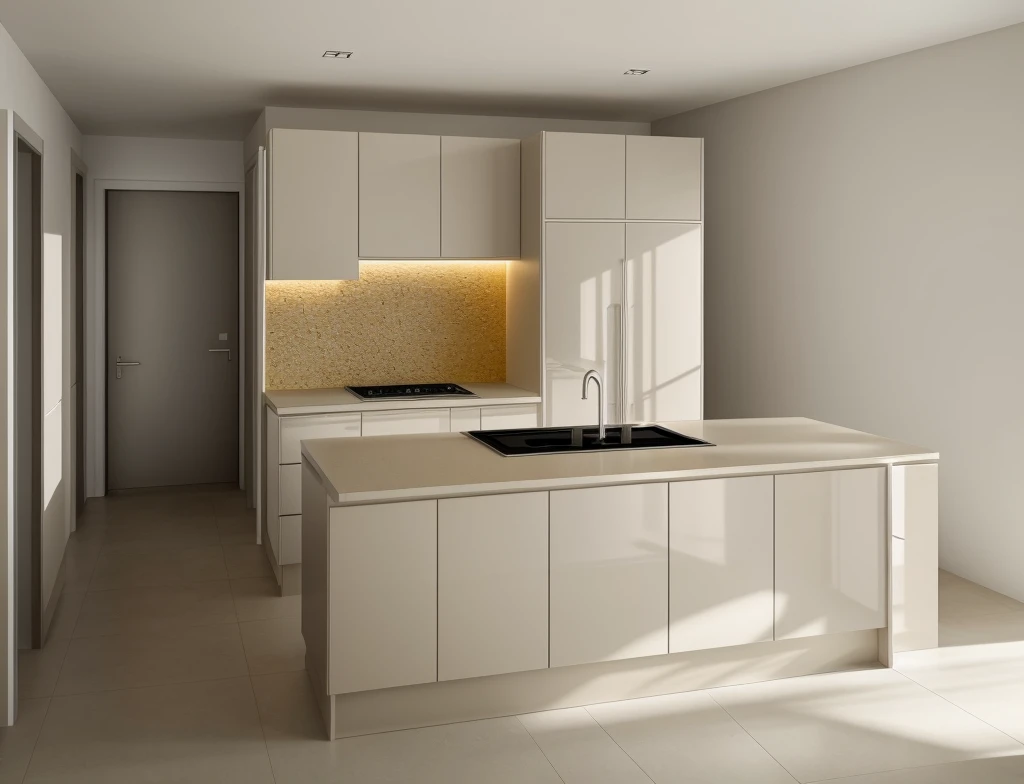 kitchen interior, modern style, LEGATO SILK cabinet, neutral color scheme, beautiful lighting, (realistic:1.2), Raw photo,Masterpiece, high quality, best quality, authentic, super detail,