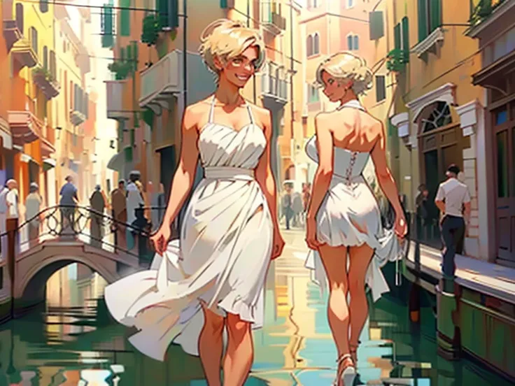 (back view),venice, italy. athletic blonde woman, (short hair), tomboy, cute, ((smile)), white sundress, wedge heels, light make...