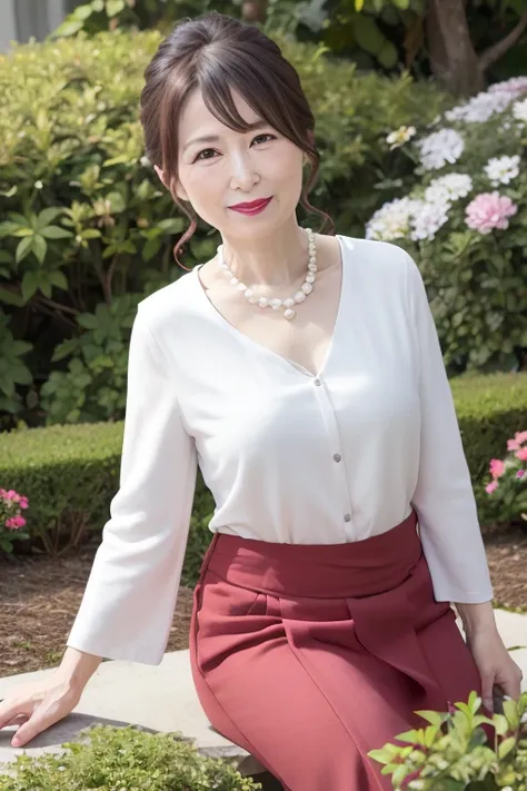 Beautiful mature Japanese woman aged 55, Married women, have fine wrinkles, Long eyelashes, Sparkling eyes, Low ponytail, Red lipstick, elegant, Great body, Pearl Necklace, colorful shirt, Floral slit skirt, photo shoot, Sensual pose, garden