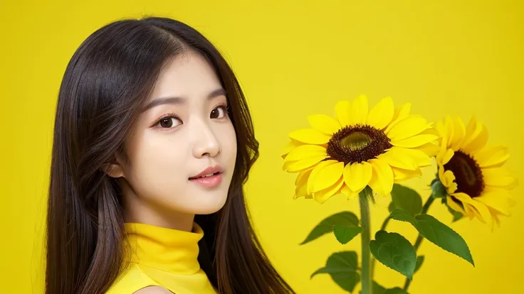 sunflower,(detailed face),VIVID,pretty,sleeveless and turtle neck yellow silky clothes,4k ,super high resolution ,(photo-realistic: 1.7),((yellow background)),black long hair,