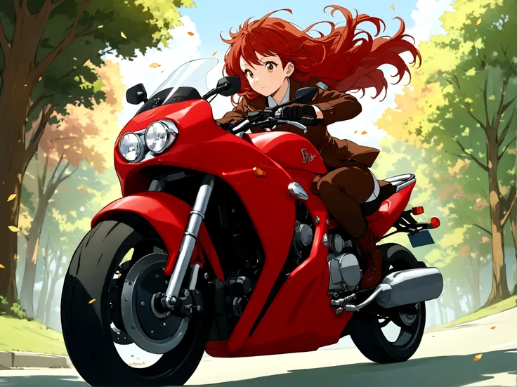 solo, brown hair, gloves, 1girl, female focus, red hair, outdoors, tree,fluttering hair, ground vehicle, motor vehicle, riding, motorcycle,Mine Fujiko