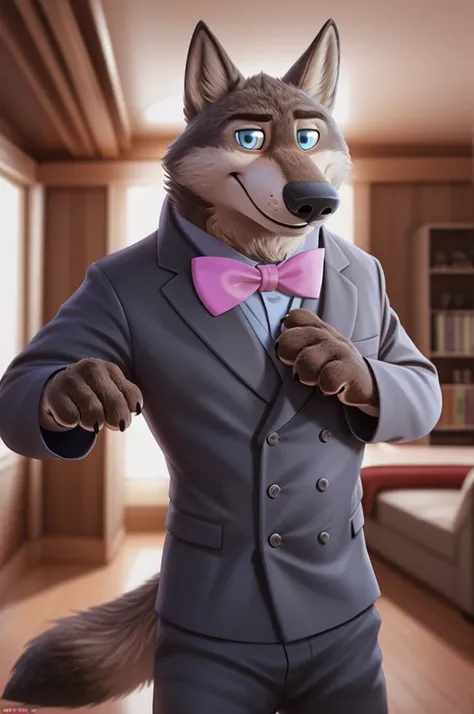 Larry (Zootopia), wolf, Gray Fur, (brown body:1.3), beautiful blue eyes, Zootopia, dressed,blazer,pink shirt,trousers,bow tie, canine,wolf, Detailed fur, male, antro, paw pads, finger claws,одевает bow tie, Plays,at viewer, 5 fingers, paws, 4 toes, in the ...