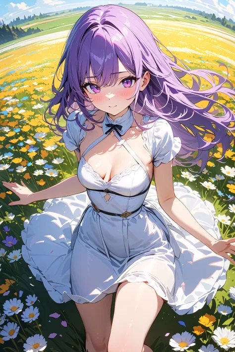 (masterpiece, best quality:1.5), (ultra detailed, high resolution, 8k, beautiful detailed, UHD, best anatomy), purple hair, flat breasts, 1 cute girl, knee-length dress, Flower fields spread over meadows, got his hands outstretched, Petals are dancing in t...