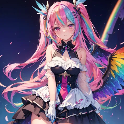 ((Archangel　Fantasy　Rainbow Hair　Make your hair rainbow-colored on the inside　Twin tails　Dull red eyes　There is a galaxy　camisole　Wings many times larger than mine　rainbow gradient feathers　Lonely　Smiling Kindly　front))　((tears　gloves))　(Broken glass　Rolli...