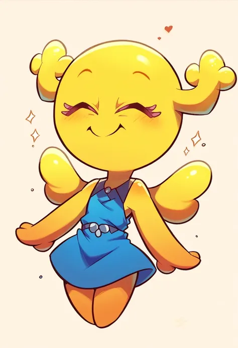 Penny Fitzgerald, penny_unshelled, yellow skin, yellow wings, cute smile, closed eyes, cute blue dress