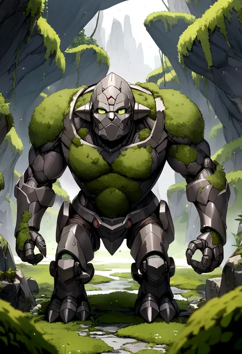 stone golem, green eyes, moss on body