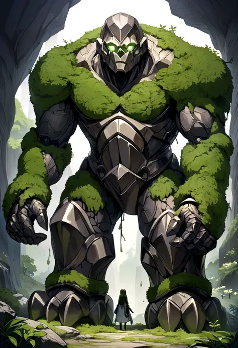 stone golem, green eyes, moss on body