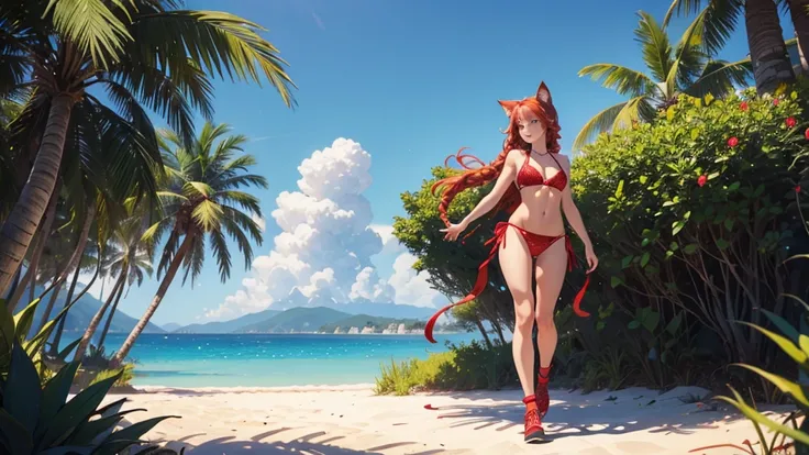 (high resolution, full body, soft skin:1.2),(best illustration,masterpiece:1.2),ultra-detailed,[(cat ears , red inside:1.2, red braided hair, blue cat eyes),vivid colors,sharp focus, sunlight,bokeh, wearing a checkered bikini, beach background, smiling, wa...