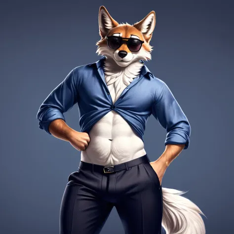 a furry man touching his waist pants in a sexy pose with all his clothes dressed elegantly hyper realista