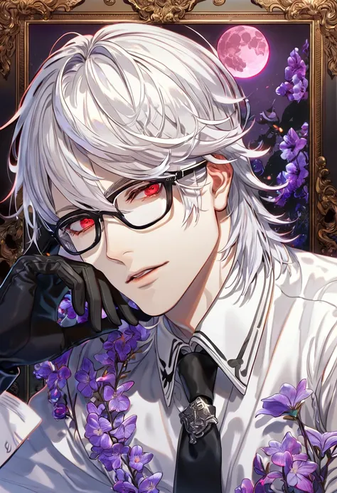 absurdres, highres, ultra detailed, HDR, master piece, best quality, Adam, white hair, medium hair, expressive red eyes, Nier Automata, solo, sexy man, handsome, glasses with black frames, white shirt, black necktie, black gloves, fantasy, purple moon, pur...