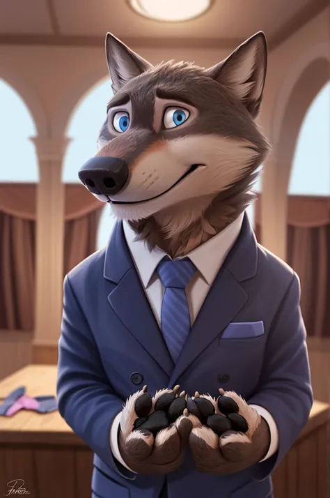 Larry (Zootopia), wolf, Gray Fur, (brown body:1.3), beautiful blue eyes, Zootopia, dressed,blazer,pink shirt,trousers,bow tie, canine,wolf, Detailed fur, male, antro, paw pads, finger claws,одевает bow tie, Plays,at viewer, 5 fingers, paws, 4 toes, in the ...