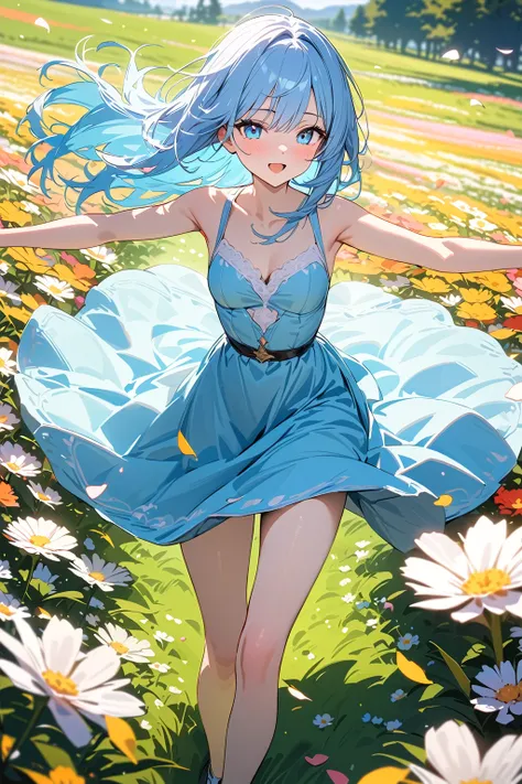 (masterpiece, best quality:1.5), (ultra detailed, high resolution, 8k, beautiful detailed, UHD, best anatomy), pale blue hair, flat breasts, 1 cute girl, knee-length dress, Flower fields spread over meadows, got his hands outstretched, Petals are dancing i...