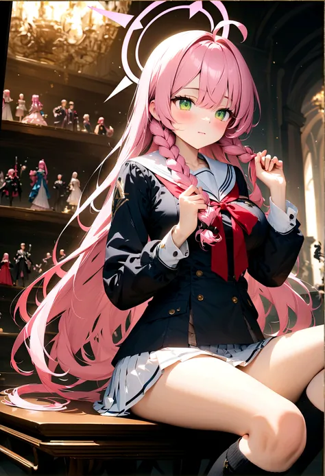 end-default, end (Blue Archive),Large Breasts,Green Eyes, Pink Hair,Long Hair,Braiding,Ahoge,Hello,,Sailor collar,White pleated skirt, Knee-high,Mary Jane, (((masterpiece))), (((Highest quality))), 8K, (((Super detailed))), figure, Nice details,