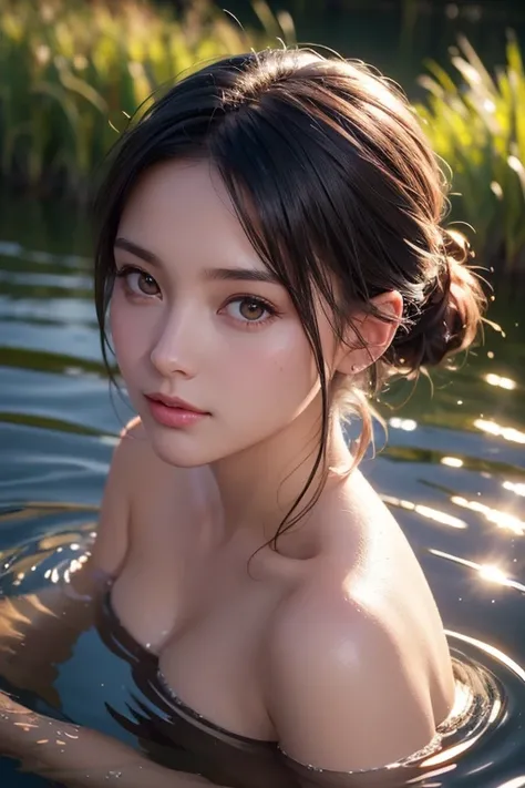 close up portrait of a cute woman bathing in a river, reeds, (backlighting), realistic, masterpiece, highest quality, lens flare, shade, bloom, [[chromatic aberration]], digital painting, hyperrealistic