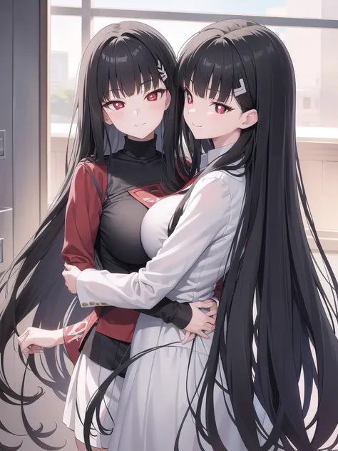 Rivertsukatsuki, River, black hair, (red eyes:1.5), Bun Hair、Extremely large breasts(4700)、 半裸 girl with long black hair and long grey hair、Twins hugging、smile