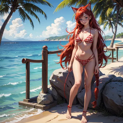 (high resolution, full body, soft skin:1.2),(best illustration,masterpiece:1.2),ultra-detailed,[(cat ears , red inside:1.2, red braided hair, blue cat eyes),vivid colors,sharp focus, sunlight,bokeh, wearing a checkered bikini, beach background, smiling, wa...