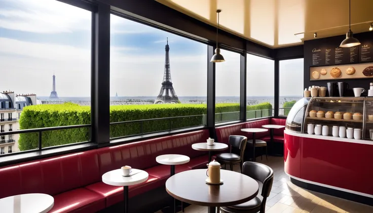 cofee shop interior in paris with view of eifell tower