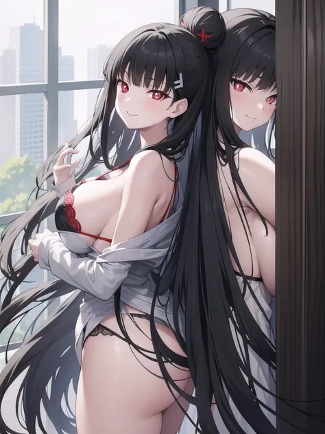 Rivertsukatsuki, River, black hair, (red eyes:1.5), Bun Hair、Extremely large breasts(4700)、 Lace Lingerie、 girl with long black hair and long grey hair、Twins hugging、smile