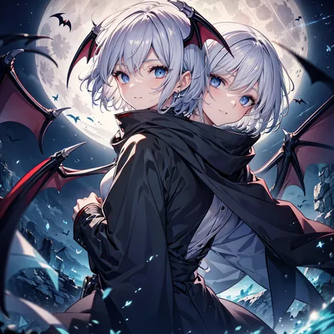 ((((vampire　Inflammation))))　(((Gray Hair　short hair　blue eyes　woman　Center close-up)))，((night　full moon　My own big wings))，(Wearing a hood　Black camisole　Purple light　Wearing a cloak)，　A strained smile　Shining Background　Shining Edges