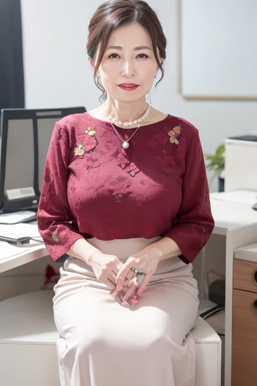 a beautiful mature 55-year-old japanese woman, married woman, fine wrinkles, long eyelashes, sparkling eyes, low ponytail, red lipstick, elegant, stunning figure, pearl necklace, colorful open-neck blouse, floral slit skirt, photoshoot, sensual pose, offic...