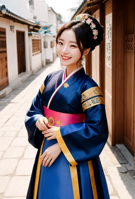 35mm stealth photo of a A beautiful woman in traditional Korean costume smiling happily, Posted on Instagram, k-pop, Caught Off Guard, happy, colorful, color block fashion,