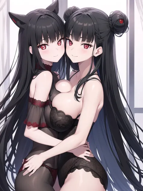 Rivertsukatsuki, River, black hair, (red eyes:1.5), Bun Hair、Extremely large breasts(4700)、 Lace Lingerie、 girl with long black hair and long grey hair、Twins hugging、smile