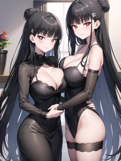 Rivertsukatsuki, River, black hair, (red eyes:1.5), Bun Hair、Extremely large breasts(4700)、 Lace Lingerie、 girl with long black hair and long grey hair、Twins hugging、smile