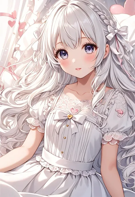 Long fluffy white hair, heart and ribbon motif, white dress, dreamy and cute. Soft, delicate coloring