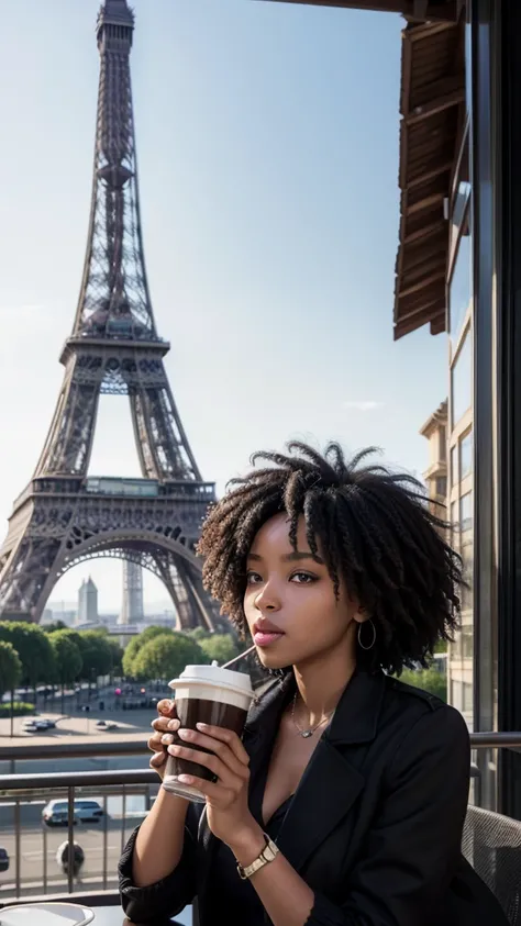 A black woman drinking coffie in public, eifeil tower