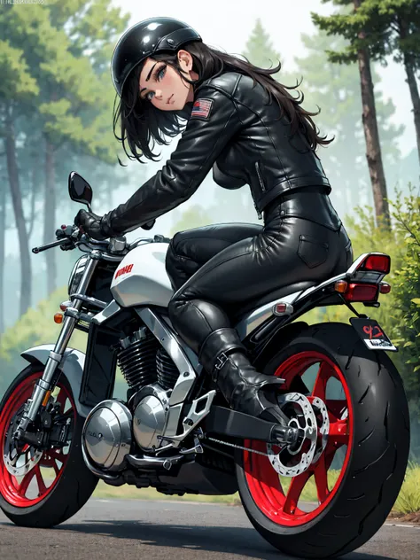 masterpiece, best quality, sketch, (1girl), (full faced bike helmet), black hair, (leather jacket, leather pants, biker boots:1.3), solo, looking to the side, facing side, (riding a motorcycle, motorcycle, sports bike:1.4), light particles, scenery, outdoo...