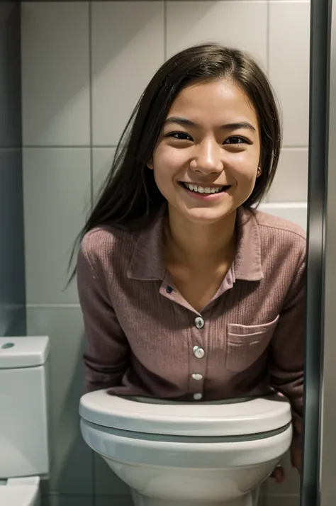 Generates a girl with a disturbing smile and empty eyes, looking over a toilet cubicle 