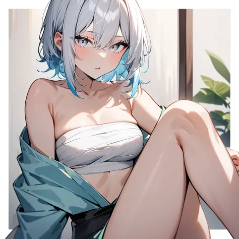 1girl,(White hair:1.3),White eyes,(light blue hair),(Sarashi),kimono,(breast),Androgynous,leg,(knee up),medium hair,hair,bare shoulder,masterpiece,best quality,very aesthetic,absurdres,front view,looking at viewer