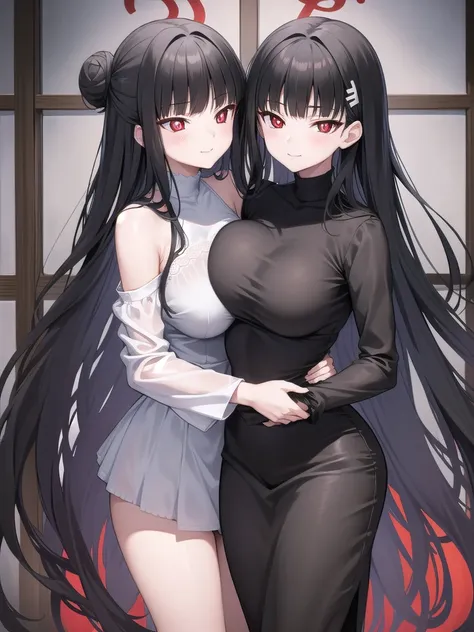 Rivertsukatsuki, River, black hair, (red eyes:1.5), Bun Hair、Extremely large breasts(4700)、 Lace Lingerie、 girl with long black hair and long grey hair、Twins hugging、smile