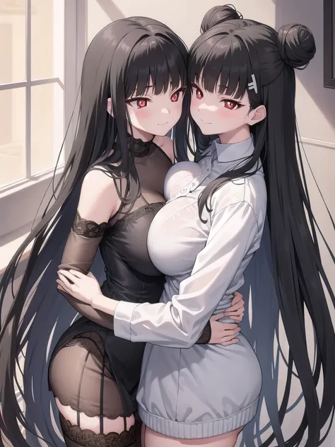 Rivertsukatsuki, River, black hair, (red eyes:1.5), Bun Hair、Extremely large breasts(4700)、 Lace Lingerie、 girl with long black hair and long grey hair、Twins hugging、smile