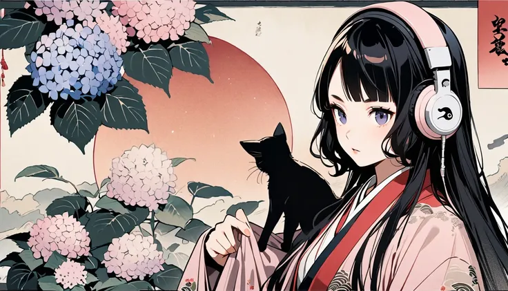 Highest quality, Katsushika Hokusai, Ink Painting, (((very straight longhair))), (((hydrangea))), (((Pale pink haori))), (((One black cat))), headphone, beautiful girl, Black Hair, Delicate and precise, Modern ukiyo-e style